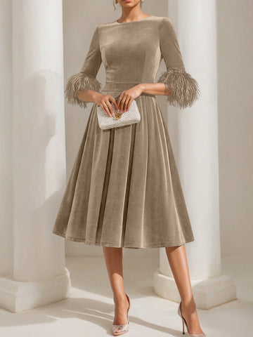 A-Line/Princess Scoop Velvet Mother of the Bride Dresses Half Sleeves Feather-trimmed