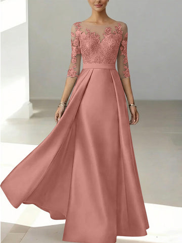 A-Line/Princess Scoop Satin Mother of the Bride Dresses 3/4 Sleeves Lace Floor-Length Floral
