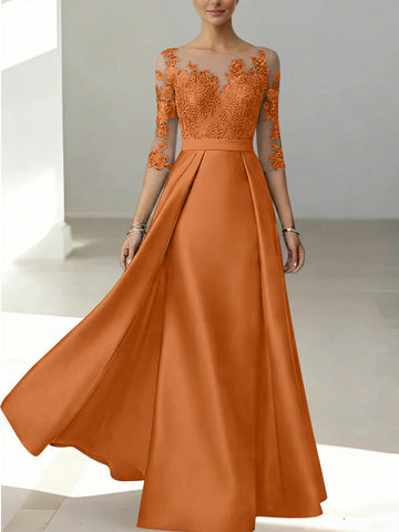 A-Line/Princess Scoop Satin Mother of the Bride Dresses 3/4 Sleeves Lace Floor-Length Floral