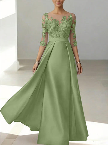 A-Line/Princess Scoop Satin Mother of the Bride Dresses 3/4 Sleeves Lace Floor-Length Floral