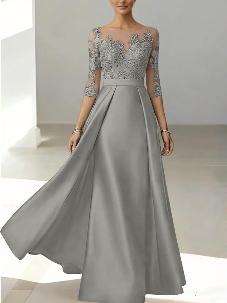 A-Line/Princess Scoop Satin Mother of the Bride Dresses 3/4 Sleeves Lace Floor-Length Floral