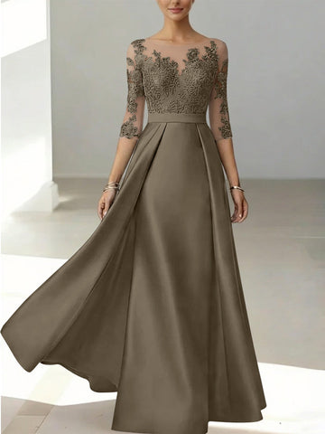 A-Line/Princess Scoop Satin Mother of the Bride Dresses 3/4 Sleeves Lace Floor-Length Floral