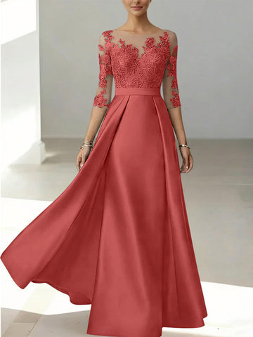 A-Line/Princess Scoop Satin Mother of the Bride Dresses 3/4 Sleeves Lace Floor-Length Floral