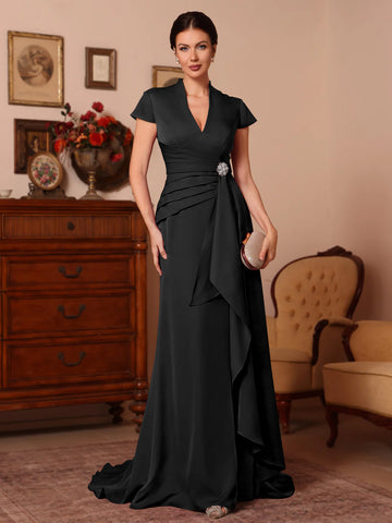 Trumpet/Mermaid V-Neck Stretch Satin Exclusive Mother of the Bride Dresses Floor-Length Sweep Train Cap Sleeves Ruffles