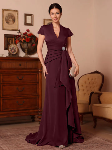 Trumpet/Mermaid V-Neck Stretch Satin Exclusive Mother of the Bride Dresses Floor-Length Sweep Train Cap Sleeves Ruffles