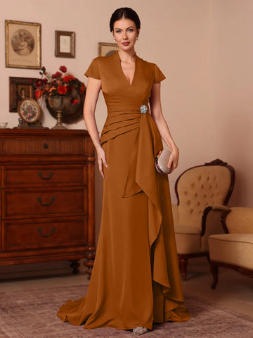 Trumpet/Mermaid V-Neck Stretch Satin Exclusive Mother of the Bride Dresses Floor-Length Sweep Train Cap Sleeves Ruffles