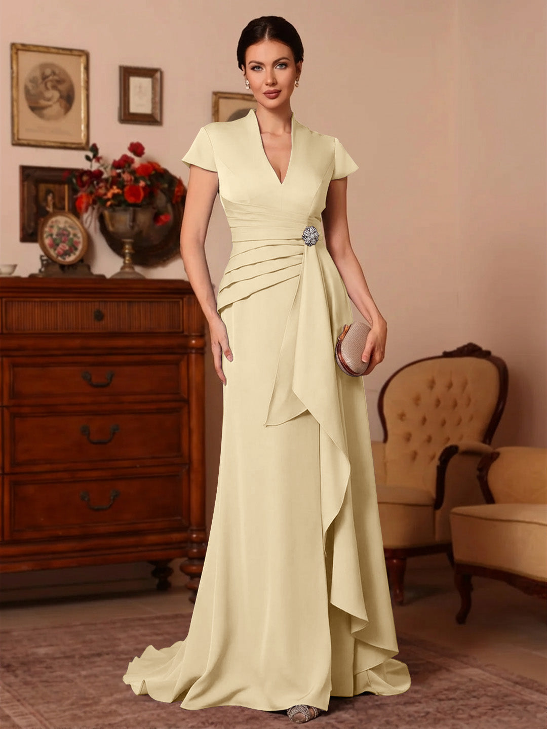 Trumpet/Mermaid V-Neck Stretch Satin Exclusive Mother of the Bride Dresses Floor-Length Sweep Train Cap Sleeves Ruffles