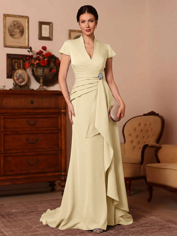 Trumpet/Mermaid V-Neck Stretch Satin Exclusive Mother of the Bride Dresses Floor-Length Sweep Train Cap Sleeves Ruffles