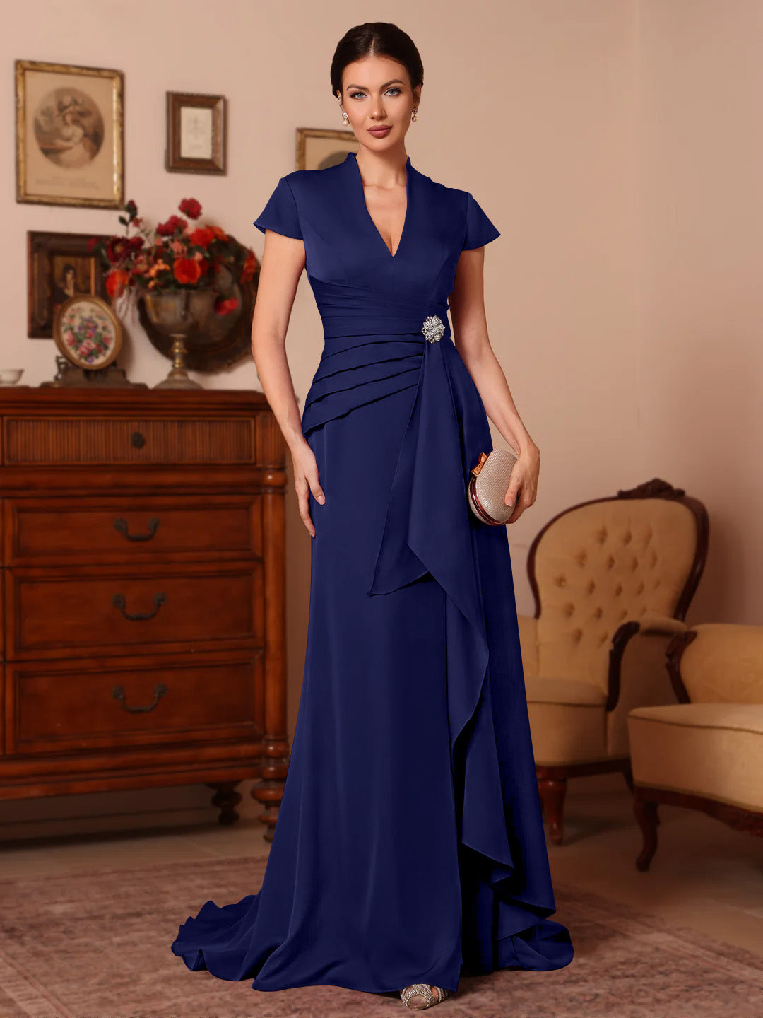 Trumpet/Mermaid V-Neck Stretch Satin Exclusive Mother of the Bride Dresses Floor-Length Sweep Train Cap Sleeves Ruffles
