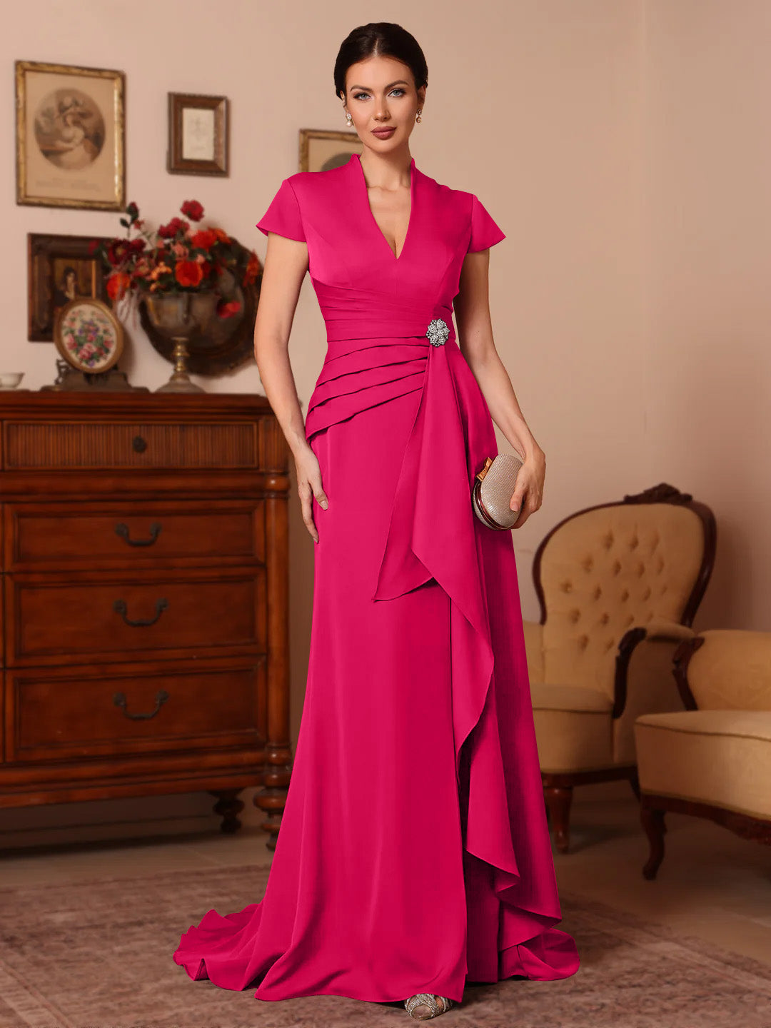 Trumpet/Mermaid V-Neck Stretch Satin Exclusive Mother of the Bride Dresses Floor-Length Sweep Train Cap Sleeves Ruffles