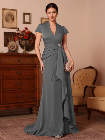 Trumpet/Mermaid V-Neck Stretch Satin Exclusive Mother of the Bride Dresses Floor-Length Sweep Train Cap Sleeves Ruffles