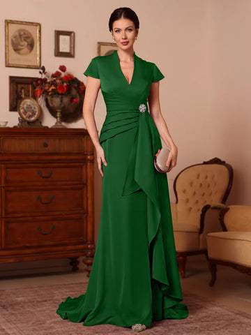 Trumpet/Mermaid V-Neck Stretch Satin Exclusive Mother of the Bride Dresses Floor-Length Sweep Train Cap Sleeves Ruffles