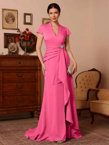 Trumpet/Mermaid V-Neck Stretch Satin Exclusive Mother of the Bride Dresses Floor-Length Sweep Train Cap Sleeves Ruffles