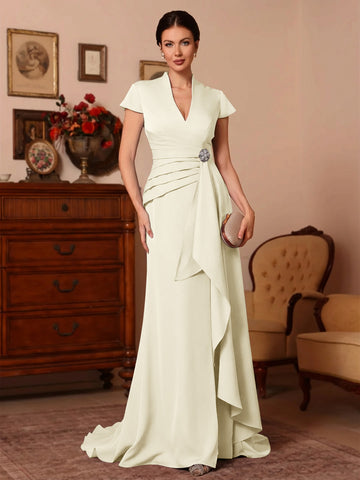 Trumpet/Mermaid V-Neck Stretch Satin Exclusive Mother of the Bride Dresses Floor-Length Sweep Train Cap Sleeves Ruffles