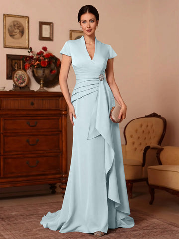 Trumpet/Mermaid V-Neck Stretch Satin Exclusive Mother of the Bride Dresses Floor-Length Sweep Train Cap Sleeves Ruffles