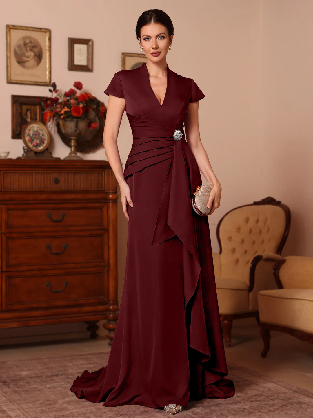 Trumpet/Mermaid V-Neck Stretch Satin Exclusive Mother of the Bride Dresses Floor-Length Sweep Train Cap Sleeves Ruffles