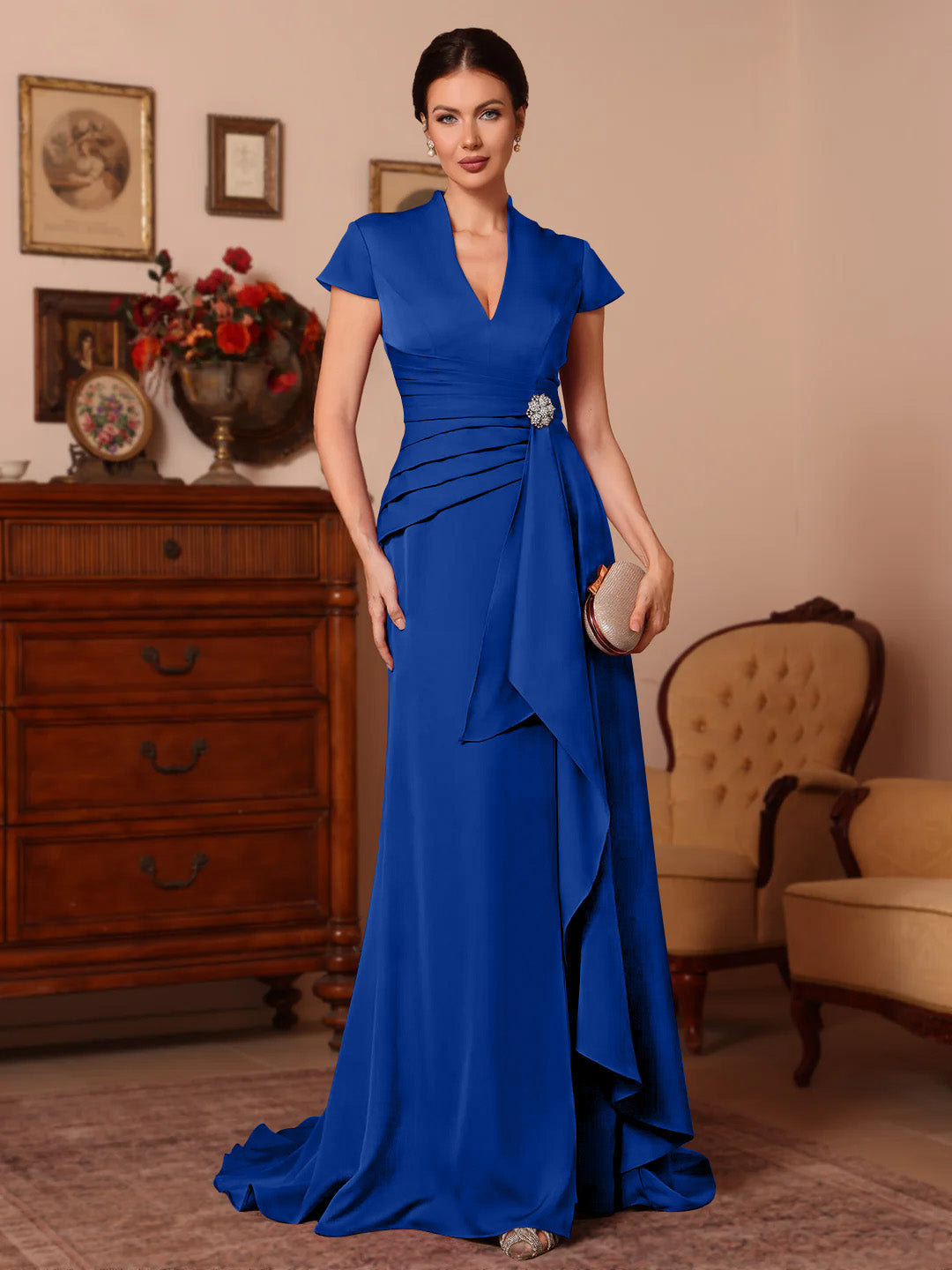 Trumpet/Mermaid V-Neck Stretch Satin Exclusive Mother of the Bride Dresses Floor-Length Sweep Train Cap Sleeves Ruffles