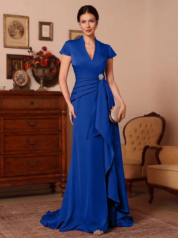 Trumpet/Mermaid V-Neck Stretch Satin Exclusive Mother of the Bride Dresses Floor-Length Sweep Train Cap Sleeves Ruffles