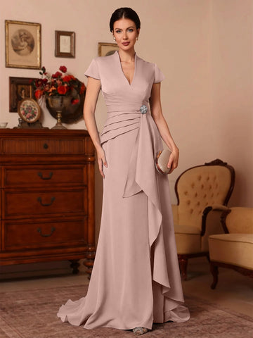 Trumpet/Mermaid V-Neck Stretch Satin Exclusive Mother of the Bride Dresses Floor-Length Sweep Train Cap Sleeves Ruffles