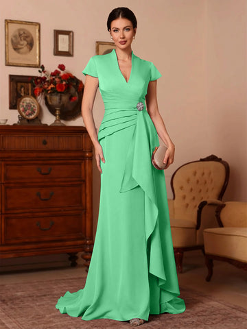 Trumpet/Mermaid V-Neck Stretch Satin Exclusive Mother of the Bride Dresses Floor-Length Sweep Train Cap Sleeves Ruffles