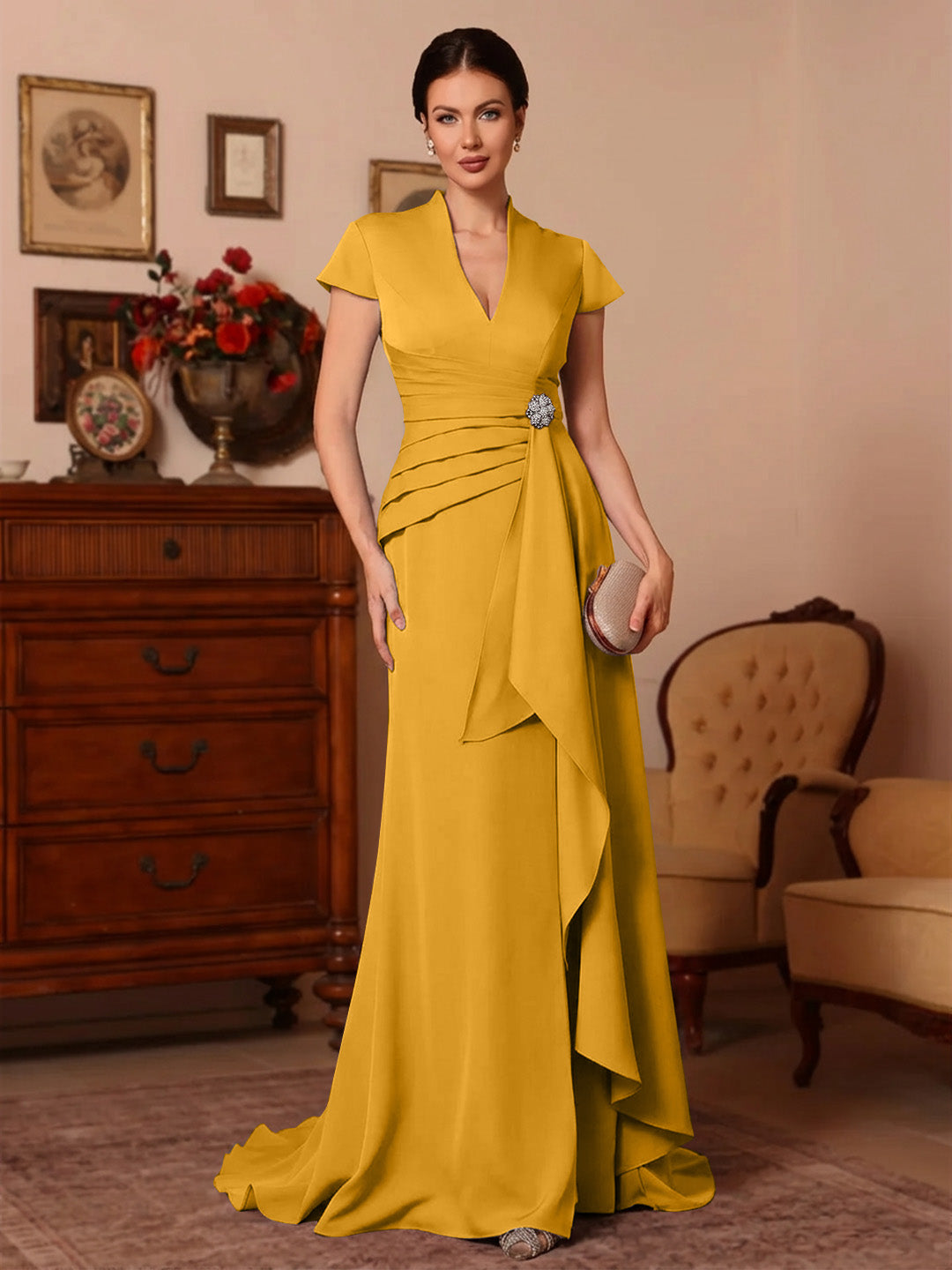 Trumpet/Mermaid V-Neck Stretch Satin Exclusive Mother of the Bride Dresses Floor-Length Sweep Train Cap Sleeves Ruffles