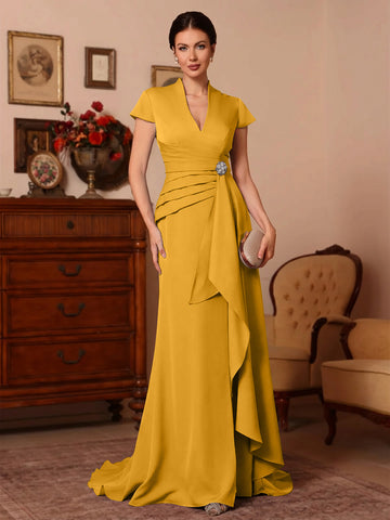 Trumpet/Mermaid V-Neck Stretch Satin Exclusive Mother of the Bride Dresses Floor-Length Sweep Train Cap Sleeves Ruffles
