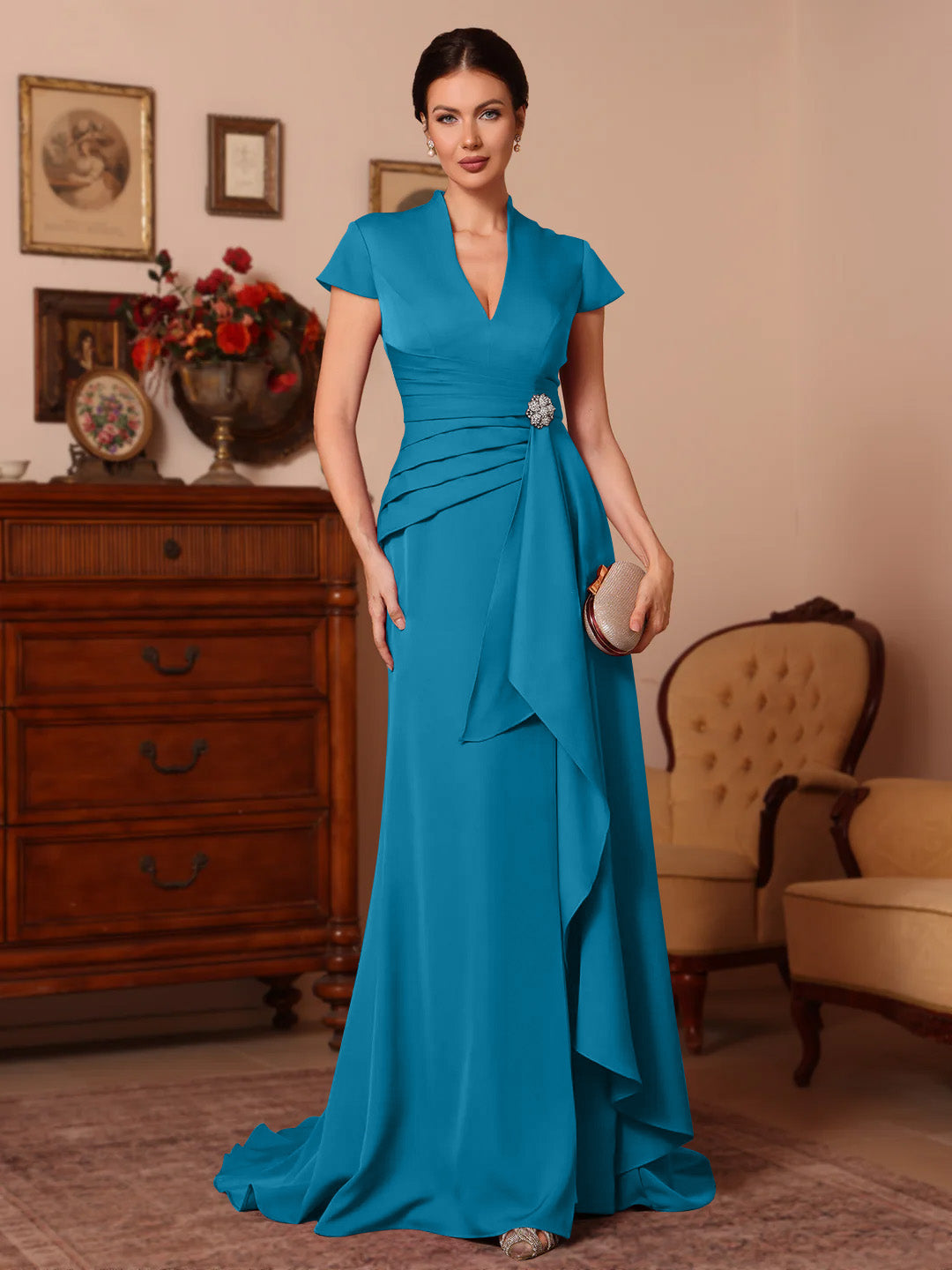 Trumpet/Mermaid V-Neck Stretch Satin Exclusive Mother of the Bride Dresses Floor-Length Sweep Train Cap Sleeves Ruffles