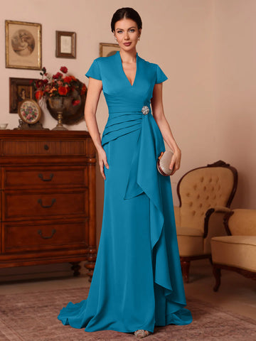 Trumpet/Mermaid V-Neck Stretch Satin Exclusive Mother of the Bride Dresses Floor-Length Sweep Train Cap Sleeves Ruffles