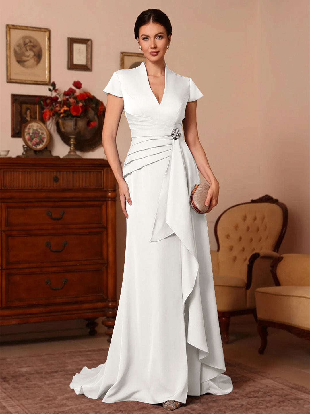 Trumpet/Mermaid V-Neck Stretch Satin Exclusive Mother of the Bride Dresses Floor-Length Sweep Train Cap Sleeves Ruffles