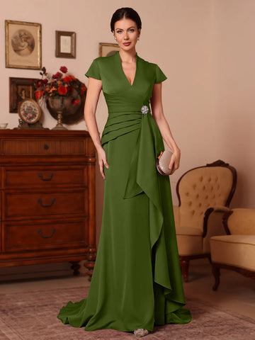 Trumpet/Mermaid V-Neck Stretch Satin Exclusive Mother of the Bride Dresses Floor-Length Sweep Train Cap Sleeves Ruffles