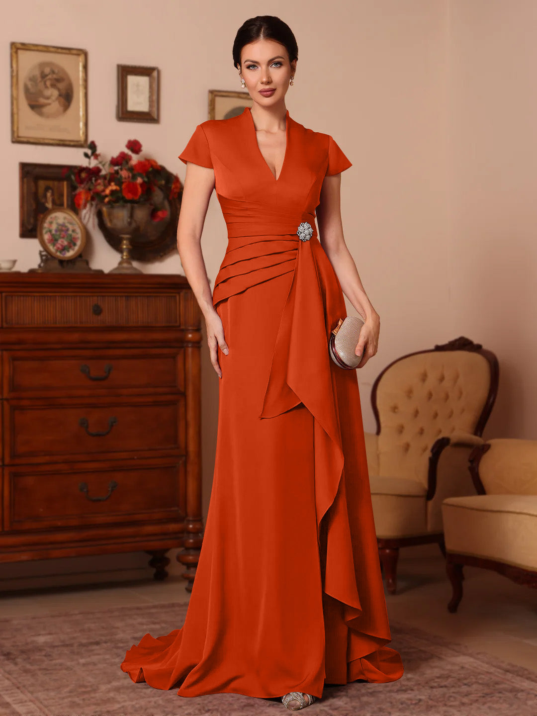 Trumpet/Mermaid V-Neck Stretch Satin Exclusive Mother of the Bride Dresses Floor-Length Sweep Train Cap Sleeves Ruffles