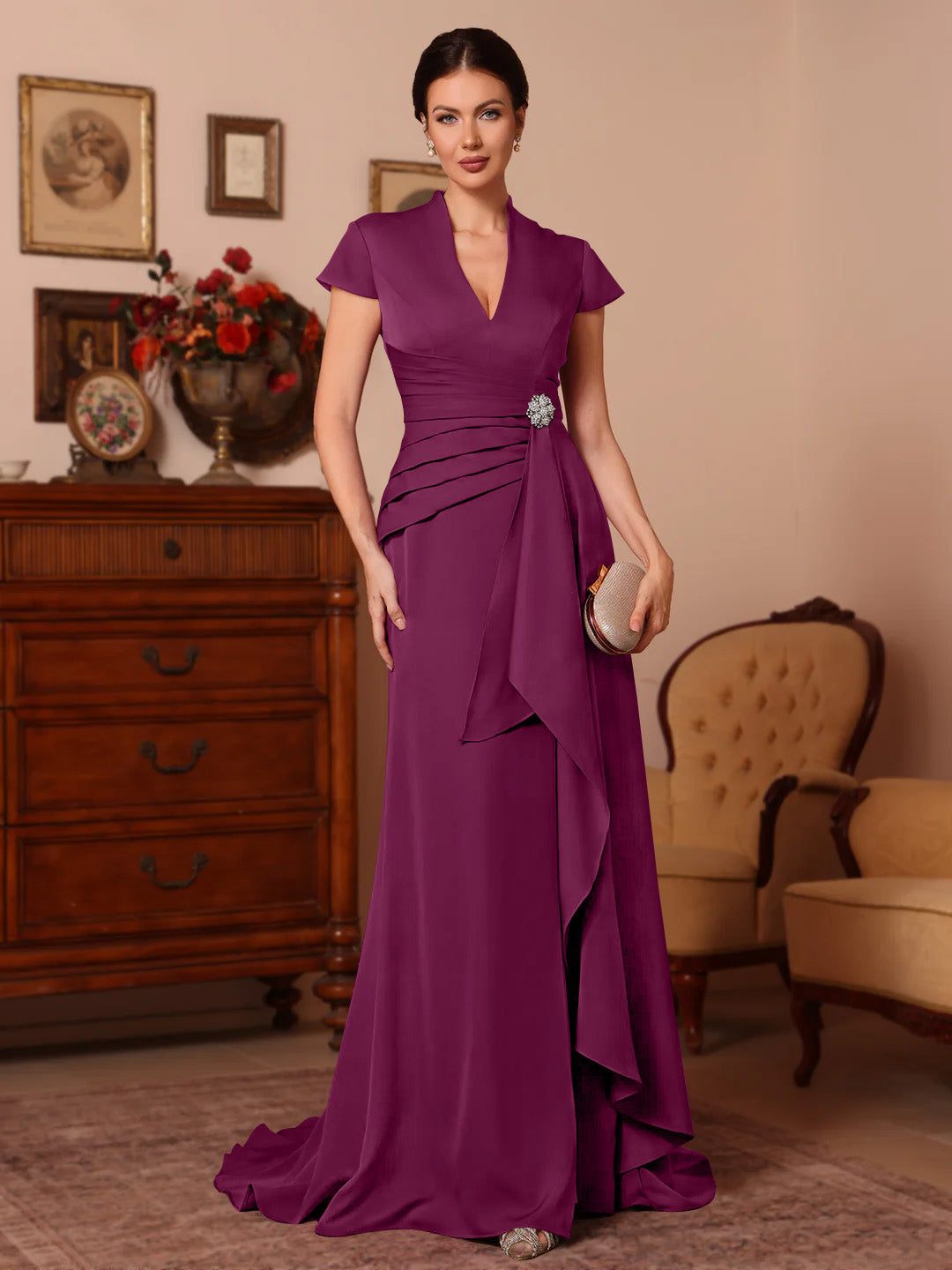 Trumpet/Mermaid V-Neck Stretch Satin Exclusive Mother of the Bride Dresses Floor-Length Sweep Train Cap Sleeves Ruffles