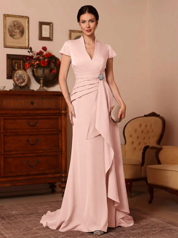 Trumpet/Mermaid V-Neck Stretch Satin Exclusive Mother of the Bride Dresses Floor-Length Sweep Train Cap Sleeves Ruffles