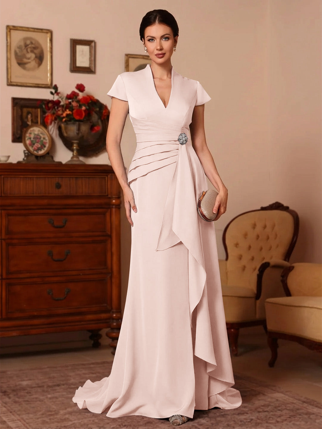 Trumpet/Mermaid V-Neck Stretch Satin Exclusive Mother of the Bride Dresses Floor-Length Sweep Train Cap Sleeves Ruffles
