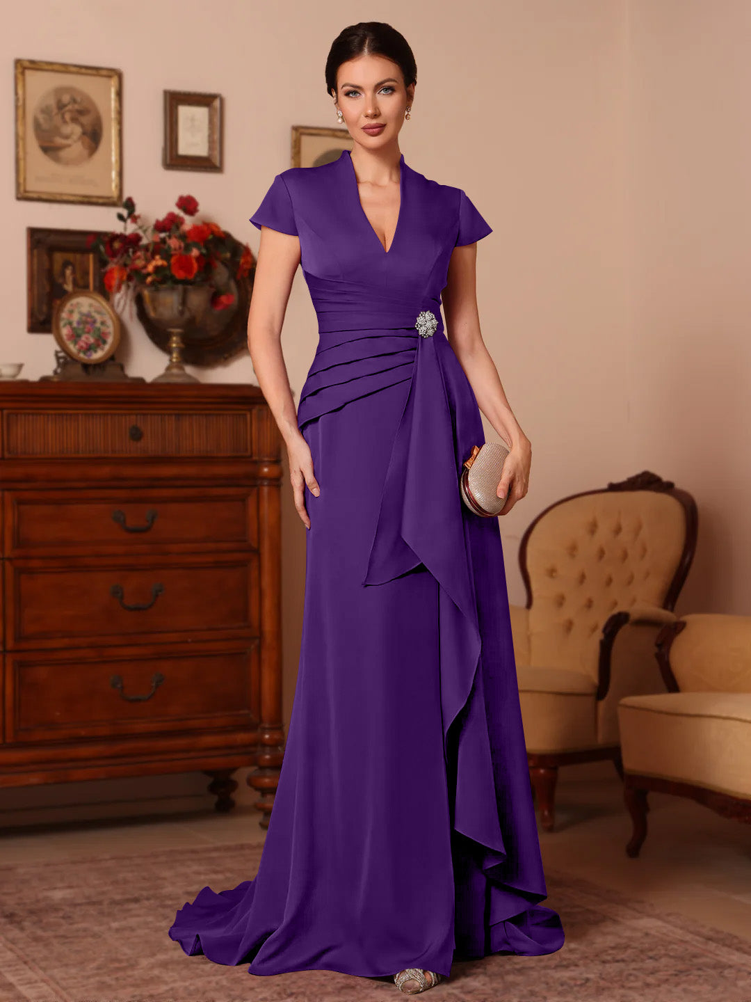 Trumpet/Mermaid V-Neck Stretch Satin Exclusive Mother of the Bride Dresses Floor-Length Sweep Train Cap Sleeves Ruffles