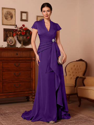 Trumpet/Mermaid V-Neck Stretch Satin Exclusive Mother of the Bride Dresses Floor-Length Sweep Train Cap Sleeves Ruffles