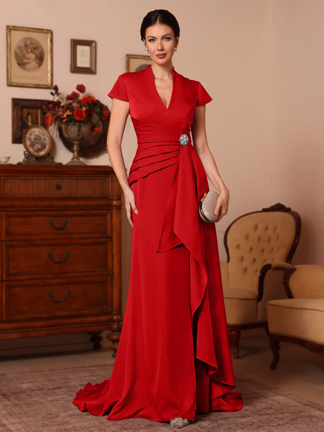 Trumpet/Mermaid V-Neck Stretch Satin Exclusive Mother of the Bride Dresses Floor-Length Sweep Train Cap Sleeves Ruffles