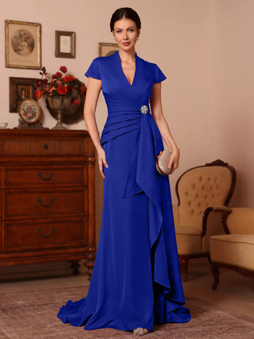 Trumpet/Mermaid V-Neck Stretch Satin Exclusive Mother of the Bride Dresses Floor-Length Sweep Train Cap Sleeves Ruffles