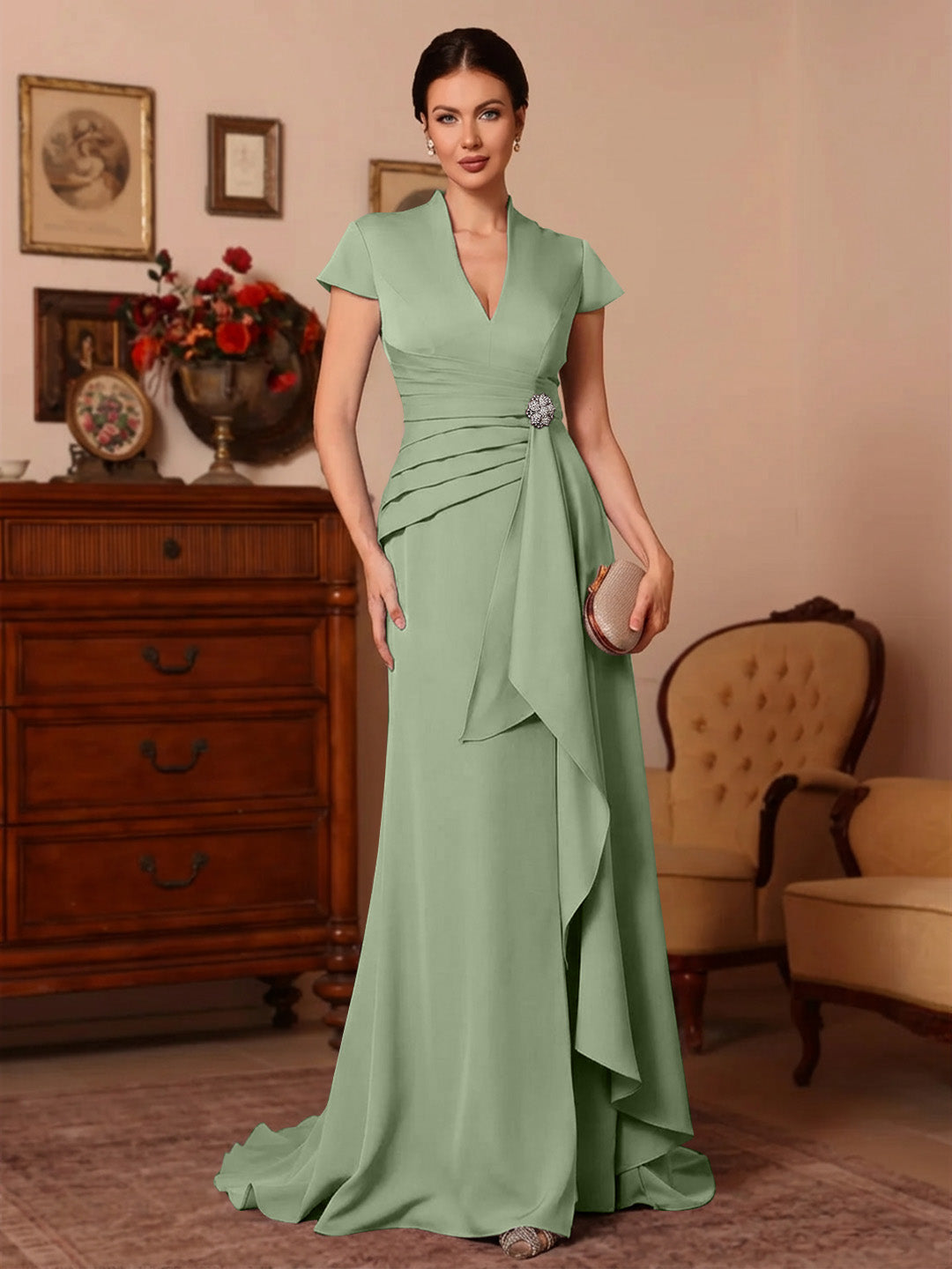 Trumpet/Mermaid V-Neck Stretch Satin Exclusive Mother of the Bride Dresses Floor-Length Sweep Train Cap Sleeves Ruffles