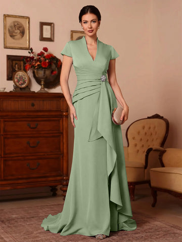 Trumpet/Mermaid V-Neck Stretch Satin Exclusive Mother of the Bride Dresses Floor-Length Sweep Train Cap Sleeves Ruffles
