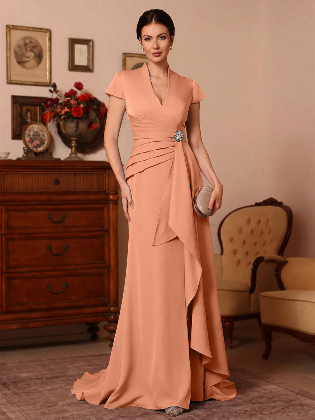 Trumpet/Mermaid V-Neck Stretch Satin Exclusive Mother of the Bride Dresses Floor-Length Sweep Train Cap Sleeves Ruffles