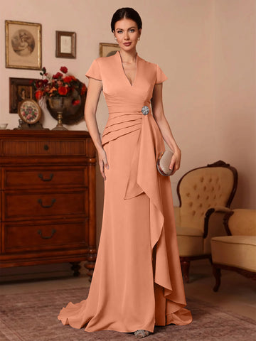 Trumpet/Mermaid V-Neck Stretch Satin Exclusive Mother of the Bride Dresses Floor-Length Sweep Train Cap Sleeves Ruffles