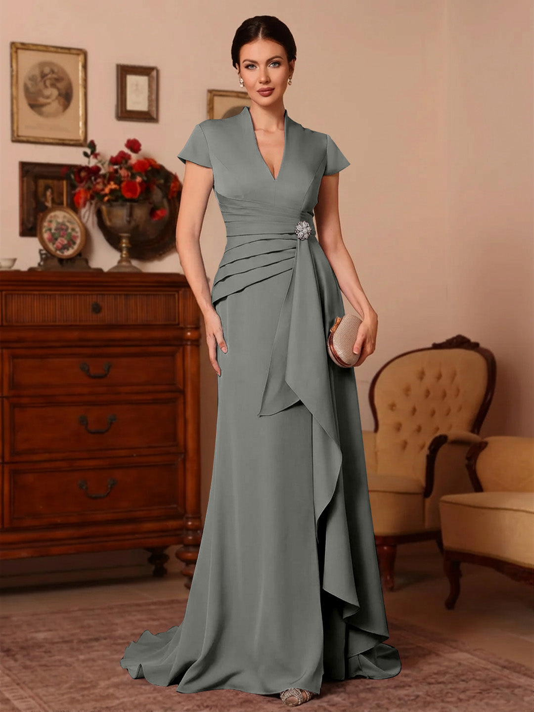 Trumpet/Mermaid V-Neck Stretch Satin Exclusive Mother of the Bride Dresses Floor-Length Sweep Train Cap Sleeves Ruffles