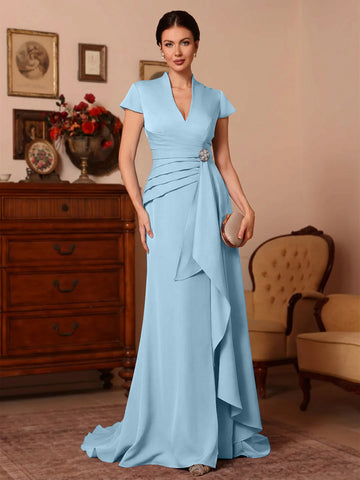 Trumpet/Mermaid V-Neck Stretch Satin Exclusive Mother of the Bride Dresses Floor-Length Sweep Train Cap Sleeves Ruffles