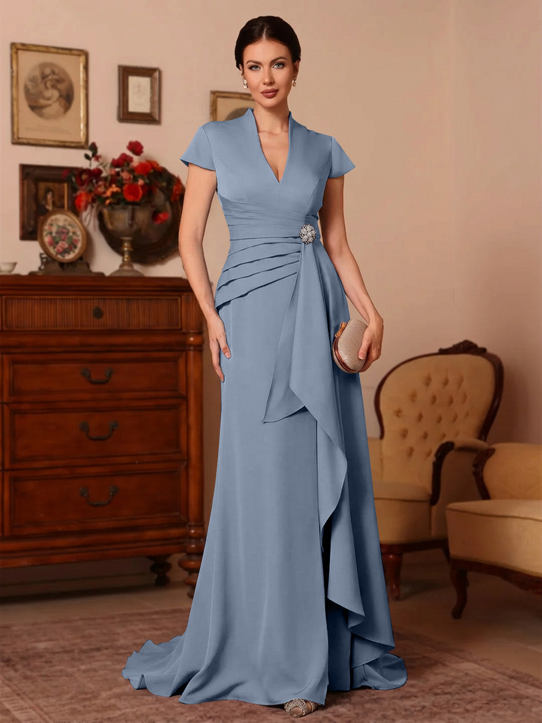 Trumpet/Mermaid V-Neck Stretch Satin Exclusive Mother of the Bride Dresses Floor-Length Sweep Train Cap Sleeves Ruffles