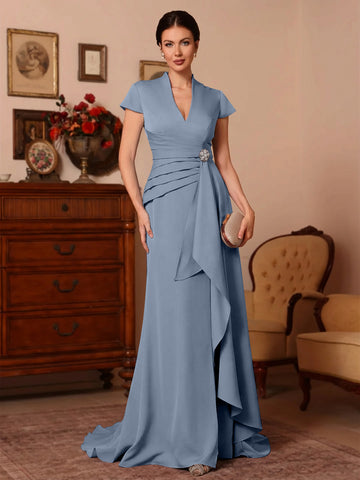 Trumpet/Mermaid V-Neck Stretch Satin Exclusive Mother of the Bride Dresses Floor-Length Sweep Train Cap Sleeves Ruffles