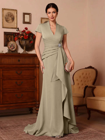 Trumpet/Mermaid V-Neck Stretch Satin Exclusive Mother of the Bride Dresses Floor-Length Sweep Train Cap Sleeves Ruffles