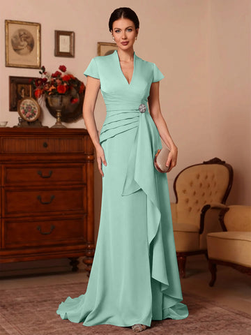 Trumpet/Mermaid V-Neck Stretch Satin Exclusive Mother of the Bride Dresses Floor-Length Sweep Train Cap Sleeves Ruffles