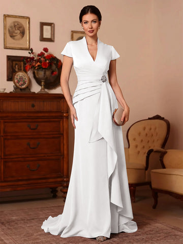 Trumpet/Mermaid V-Neck Stretch Satin Exclusive Mother of the Bride Dresses Floor-Length Sweep Train Cap Sleeves Ruffles