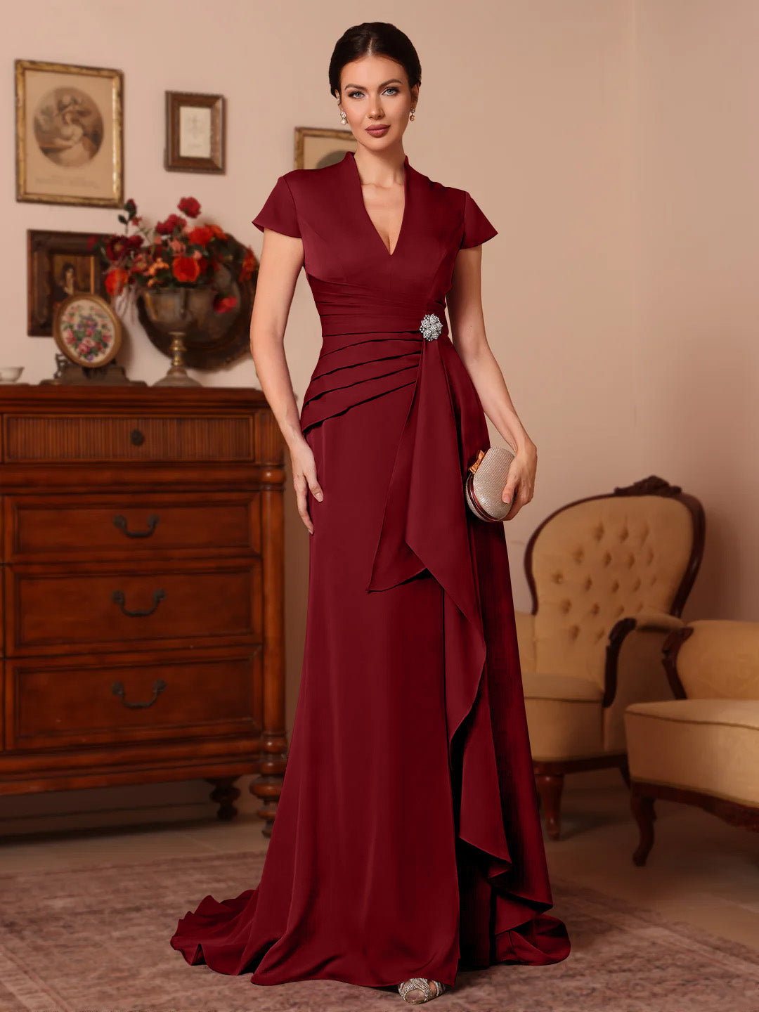 Trumpet/Mermaid V-Neck Stretch Satin Exclusive Mother of the Bride Dresses Floor-Length Sweep Train Cap Sleeves Ruffles